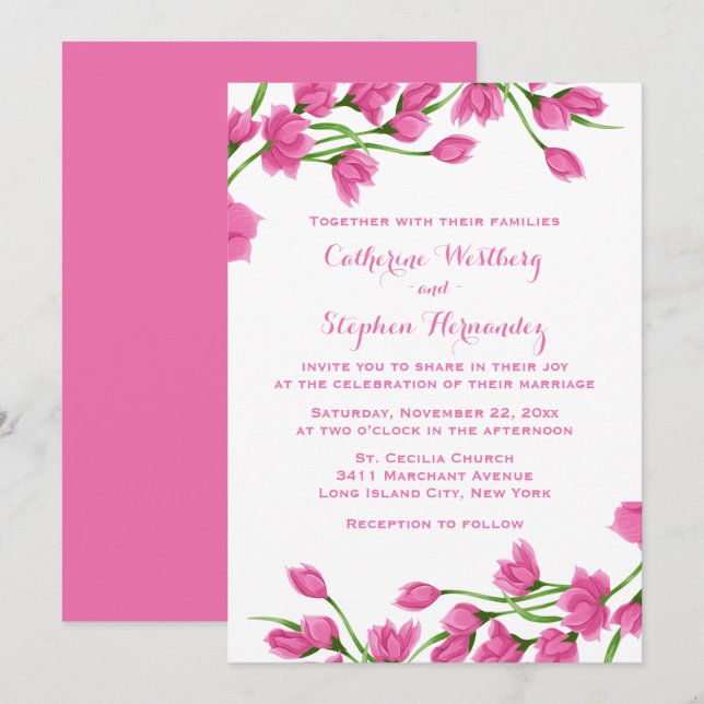 Floral Pink And White Flowers Fuchsia Wedding Invitation (Front/Back)