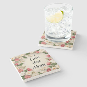 Floral Pink and White Flowers "I Love You Mum" Stone Coaster