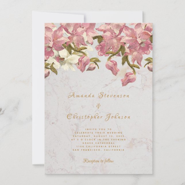 Floral Pink and White Orchid Marble Script Wedding Invitation (Front)