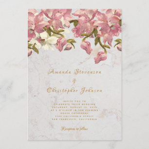 Floral Pink and White Orchid Marble Script Wedding Invitation