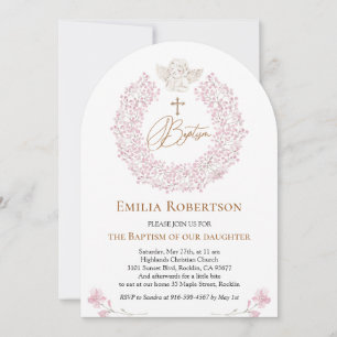 Floral Pink Baby Angel Cross Baptism Invitation