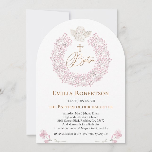 Floral Pink Baby Angel Cross Baptism Invitation (Front)