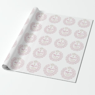 Floral Pink Baby Angel Cross Baptism Wrapping Paper