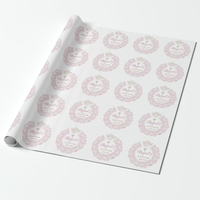 Floral Pink Baby Angel Cross Baptism Wrapping Paper (Unrolled)