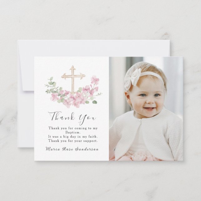 Floral Pink Baptism Cross Thank you Photo Card (Front)
