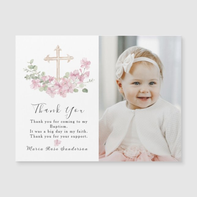 Floral Pink Baptism Cross Thank you Photo Magnet (Front)