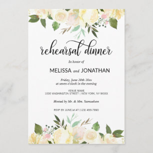 Floral Pink Beige Ivory Wedding Rehearsal Dinner Invitation