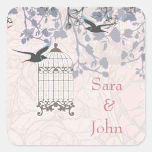 floral pink bird cage, love birds envelope seal