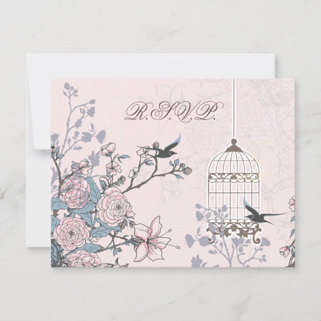 floral pink bird cage, love birds RSVP (Front)