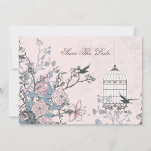 floral pink bird cage, love birds save the dates date