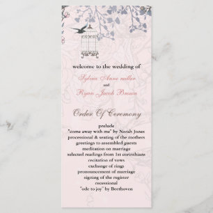 floral pink bird cage, love birds wedding programs programme