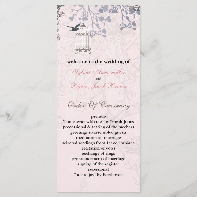 floral pink bird cage, love birds wedding programs programme (Front)