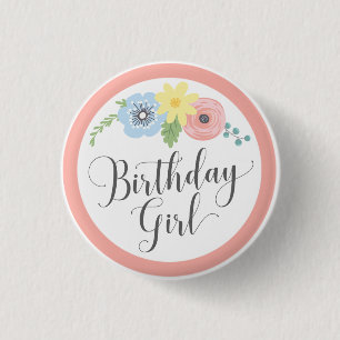 Floral Pink Birthday Girl Baby & Kids Party 3 Cm Round Badge
