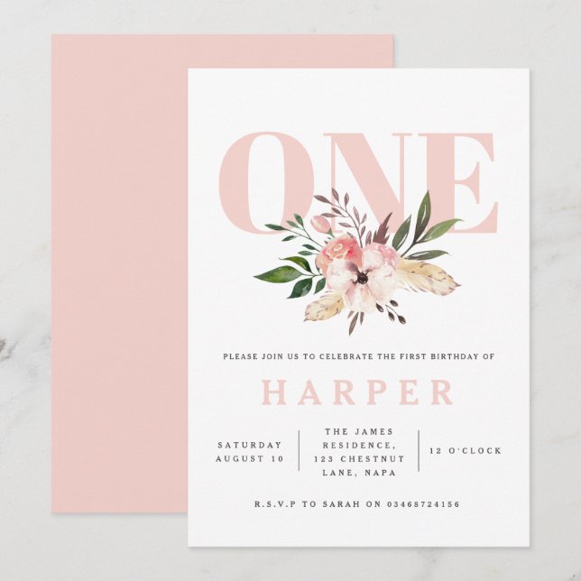 floral pink birthday party photo invitation (Front/Back)