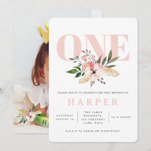 floral pink birthday party photo invitation