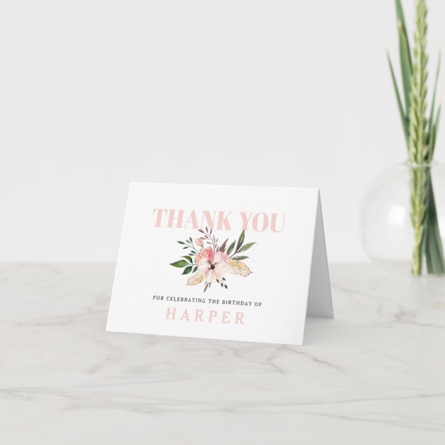 floral pink birthday party photo thank you card (Front)