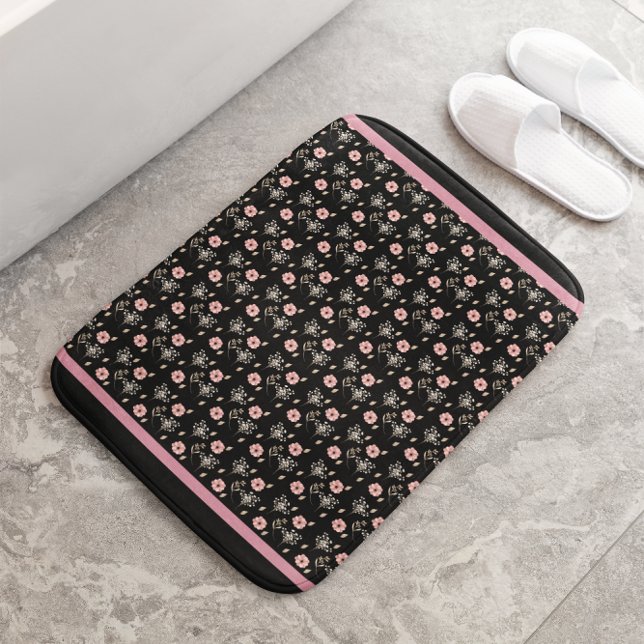 Floral Pink Black Bathroom  Bath Mat (Creator Uploaded)