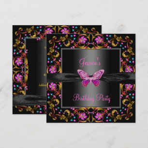 Floral Pink Black Butterfly Birthday Party Invitation