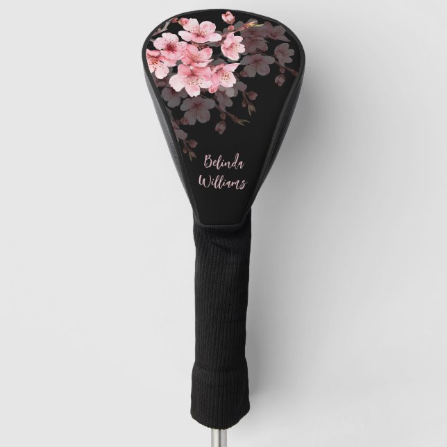 Floral Pink Black Cherry Blossom Monogram Golf Head Cover (Front)