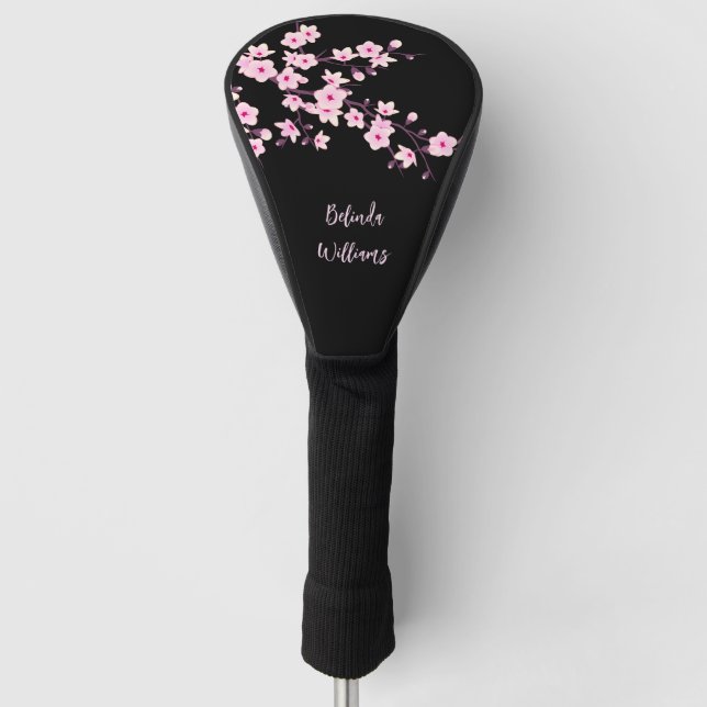 Floral Pink Black Cherry Blossom Monogram Golf Head Cover (Front)