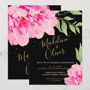 Floral Pink Black Gold Modern Chic Rose Wedding Invitation