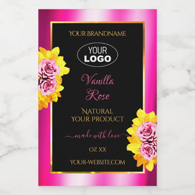 Floral Pink Black Product Labels Gold Frame Logo (Single Label)