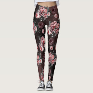 Floral Pink Black Purple Vintage Rose Pattern Leggings