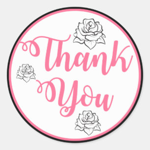 Floral Pink, Black Thank You Rose Flower Wedding Classic Round Sticker
