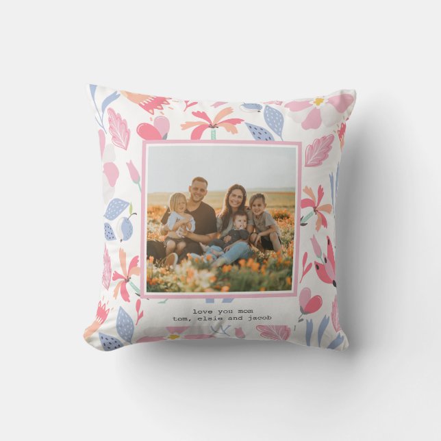 Floral Pink Blue Custom Photo Cute Gift for Mom Cushion (Front)