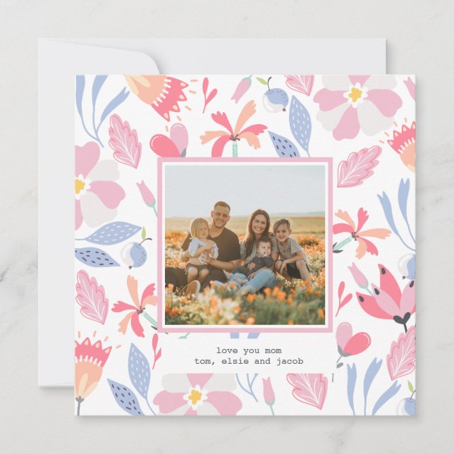Floral Pink Blue Custom Photo Cute Mother's Day Card (Front)
