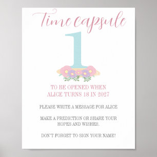 Floral pink blue Pastel 1st Birthday Time Capsule Poster