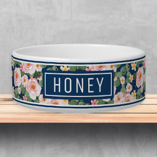 Floral Pink Blue Pattern Name Template Pet Bowl