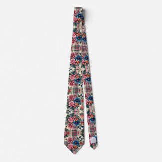 Floral Pink Blue Plaid Monogrammed  Tie