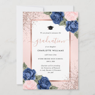 Floral Pink Blue Rose Gold Photo Graduation Announcement