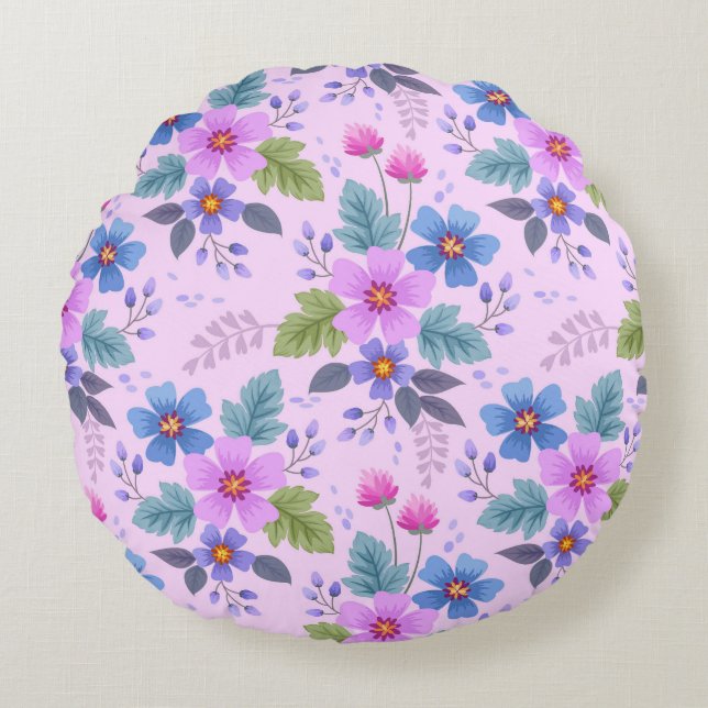 Floral Pink Blue Violet Flowers Pattern-36841 Round Cushion (Front)
