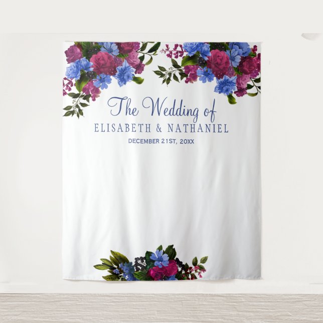 Floral pink blue wedding photo booth backdrop tapestry (Front)
