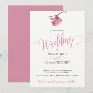 Floral pink blush and white wedding modern script invitation