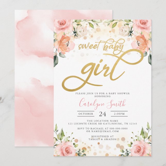 Floral Pink Blush Baby Shower Invitation Girl (Front/Back)