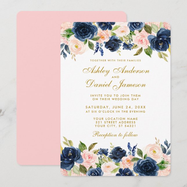 Floral Pink Blush Blue Elegant Gold Wedding R Invitation (Front/Back)