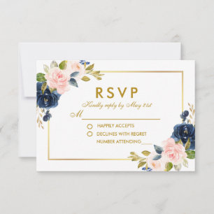 Floral Pink Blush Blue Wedding RSVP Gold