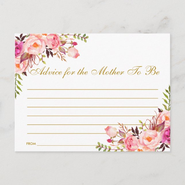 Floral Pink Blush Gold Baby Shower Advice Card (Front)