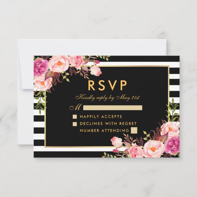 Floral Pink Blush Gold Black RSVP Wedding (Front)