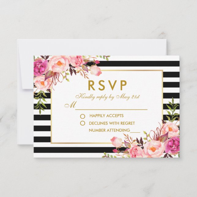 Floral Pink Blush Gold Black Stripes RSVP Wedding (Front)