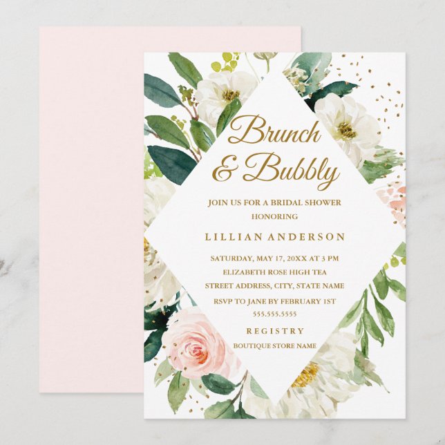 Floral Pink Blush Gold Brunch And Bubbly Invitation (Front/Back)