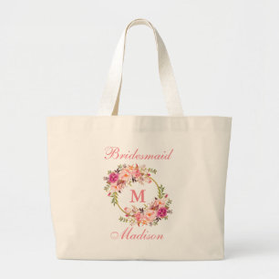 Floral Pink Blush Gold Circle Monogram Bridesmaid Large Tote Bag