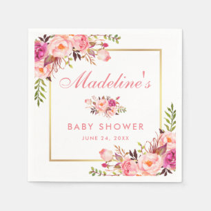 Floral Pink Blush Gold Frame Baby Shower Napkin