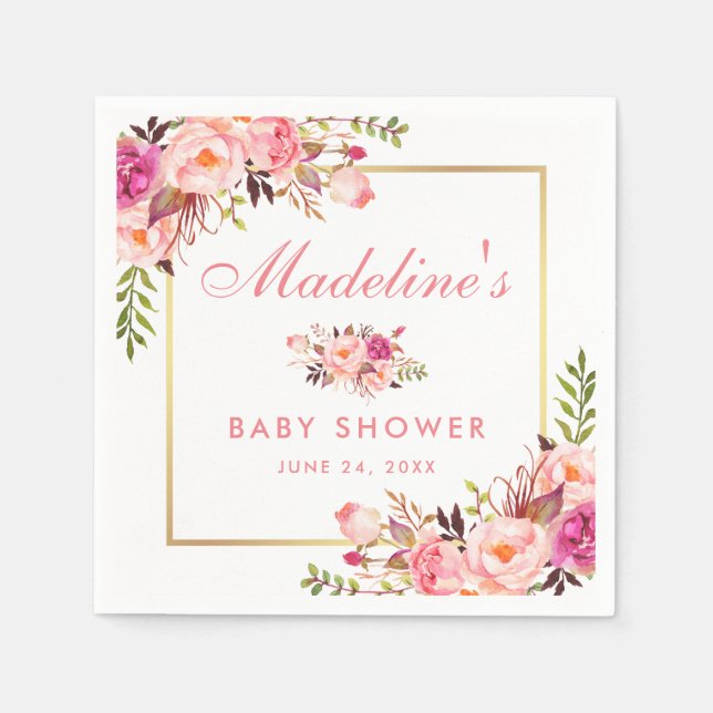Floral Pink Blush Gold Frame Baby Shower Napkin (Front)