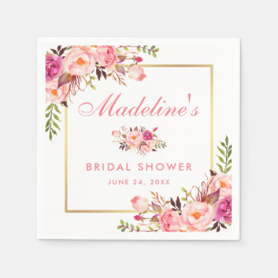 Floral Pink Blush Gold Frame Bridal Shower Napkin