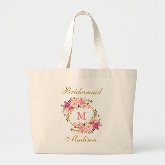 Floral Pink Blush Gold Monogram Bridesmaid Large Tote Bag (Front)