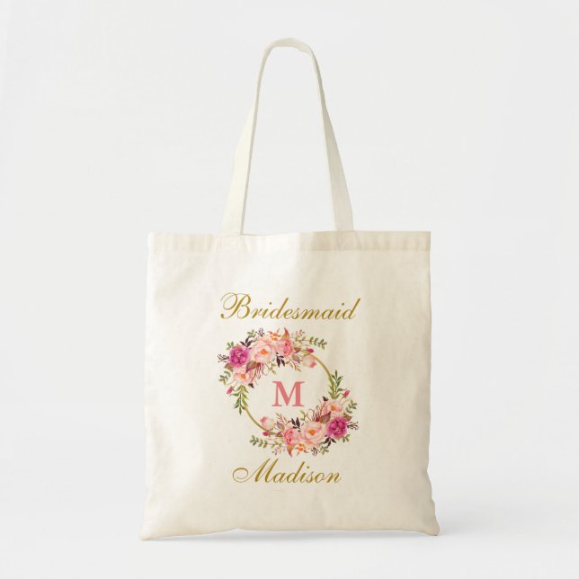 Floral Pink Blush Gold Monogram Bridesmaid Tote Bag (Front)